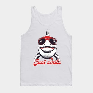 Funny white shark with red glasses invite you to smile Tank Top